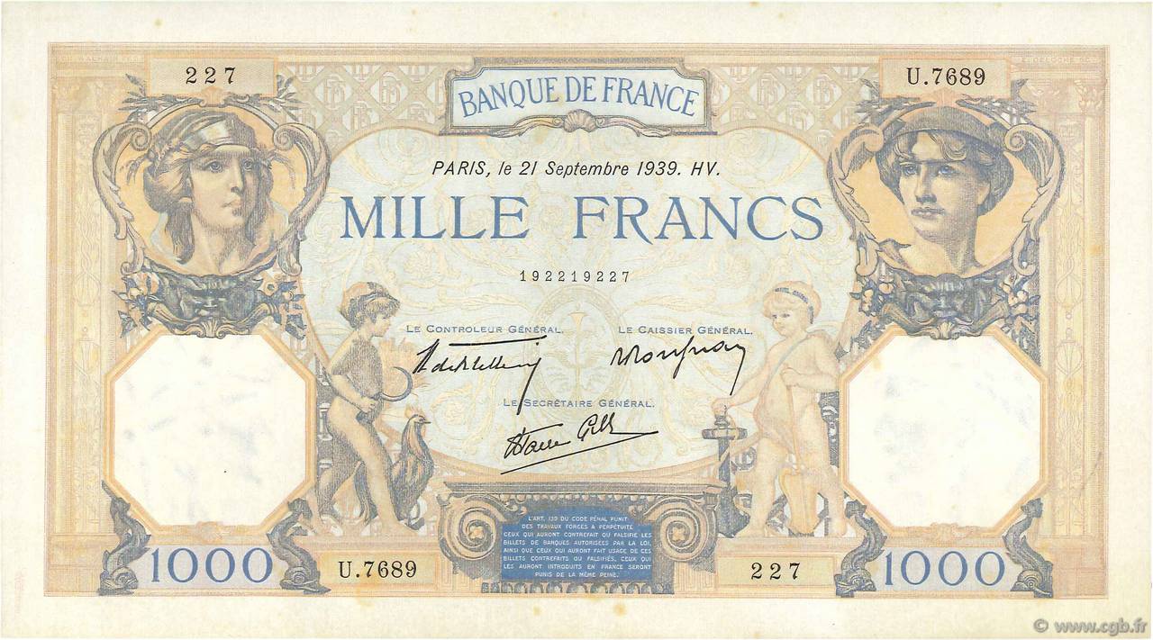 1000 Francs CÉRÈS ET MERCURE type modifié FRANCIA  1939 F.38.37 SPL+ a AU