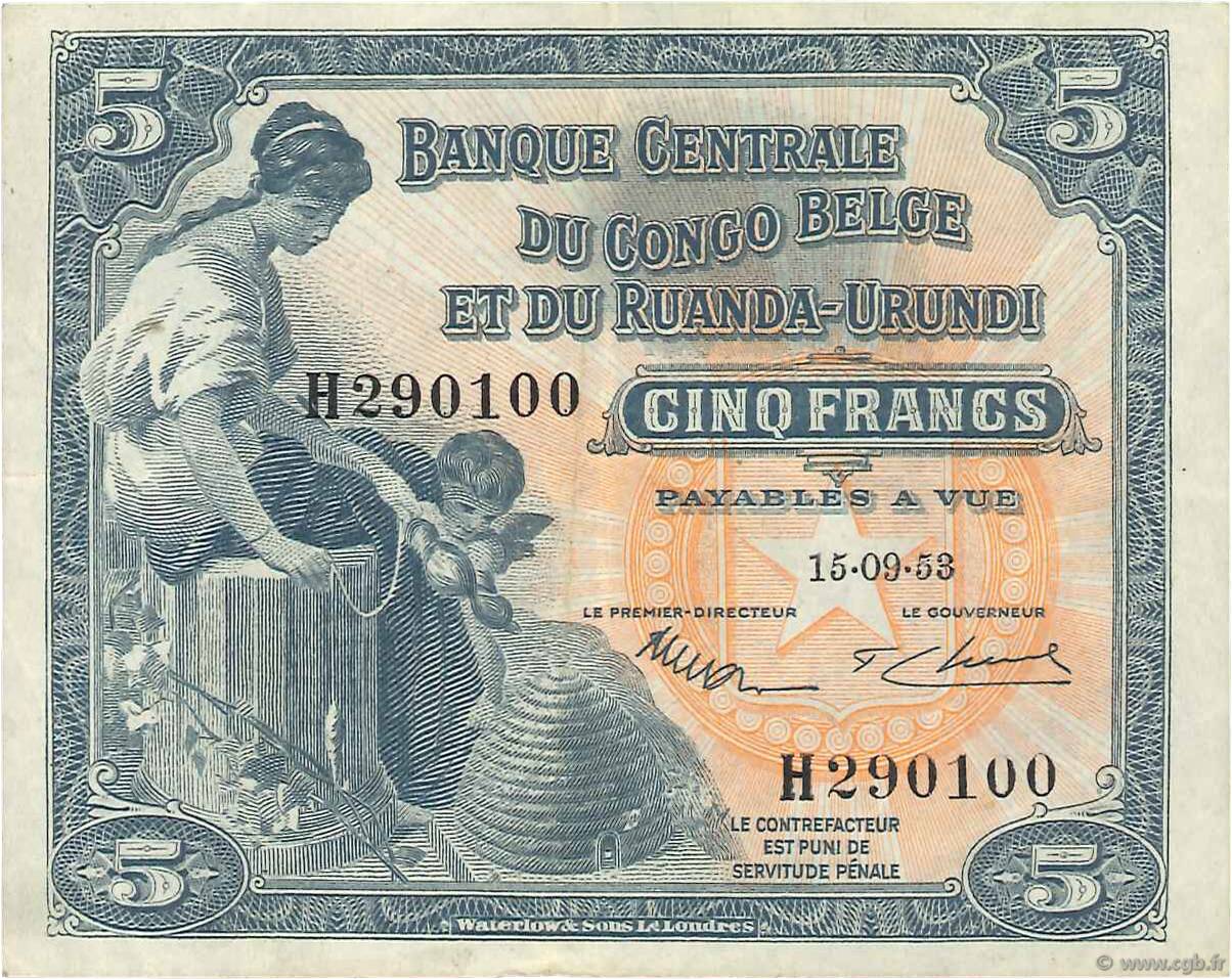 5 Francs BELGIAN CONGO  1953 P.21 VF+