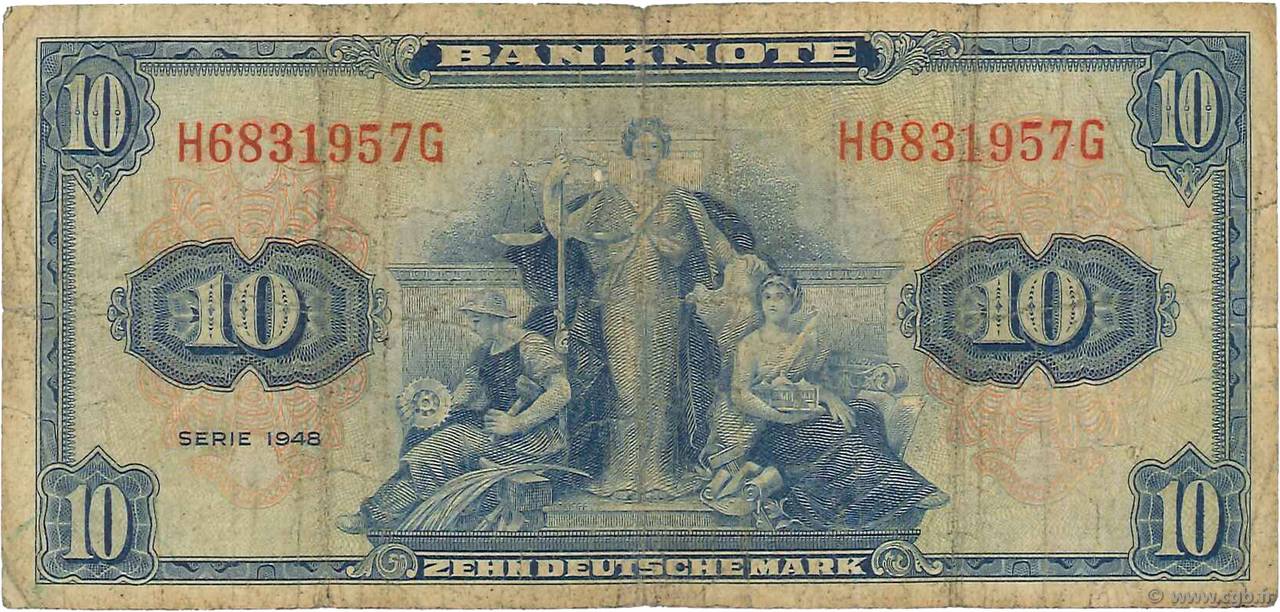 10 Deutsche Mark GERMAN FEDERAL REPUBLIC  1948 P.05a RC+