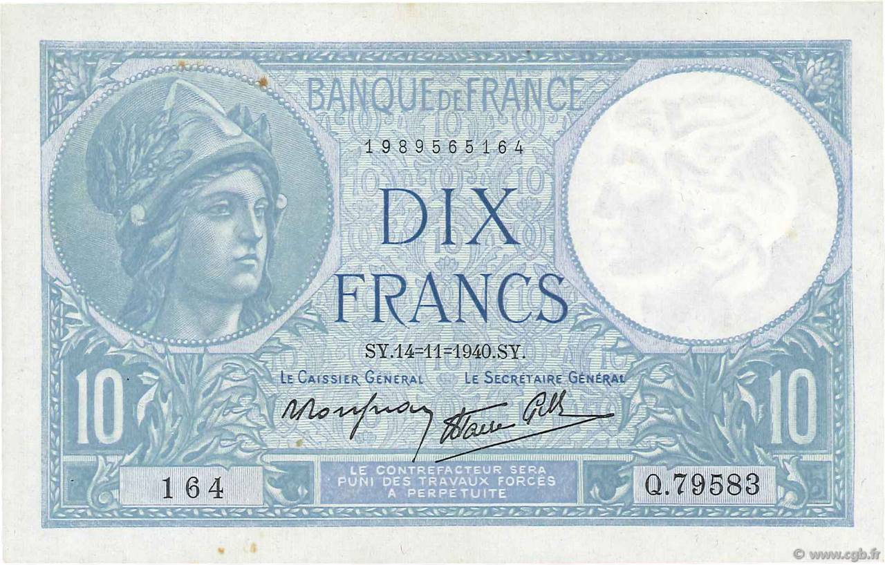 10 Francs MINERVE modifié FRANKREICH  1940 F.07.20 VZ