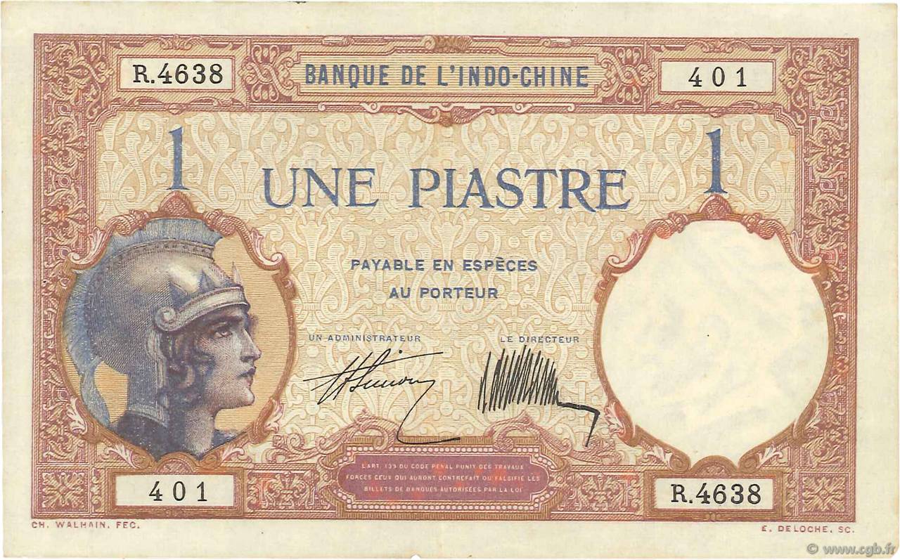 1 Piastre FRENCH INDOCHINA  1927 P.048b VF