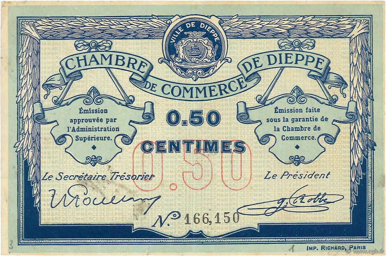 50 Centimes FRANCE regionalism and miscellaneous Dieppe 1918 JP.052.01 VF+