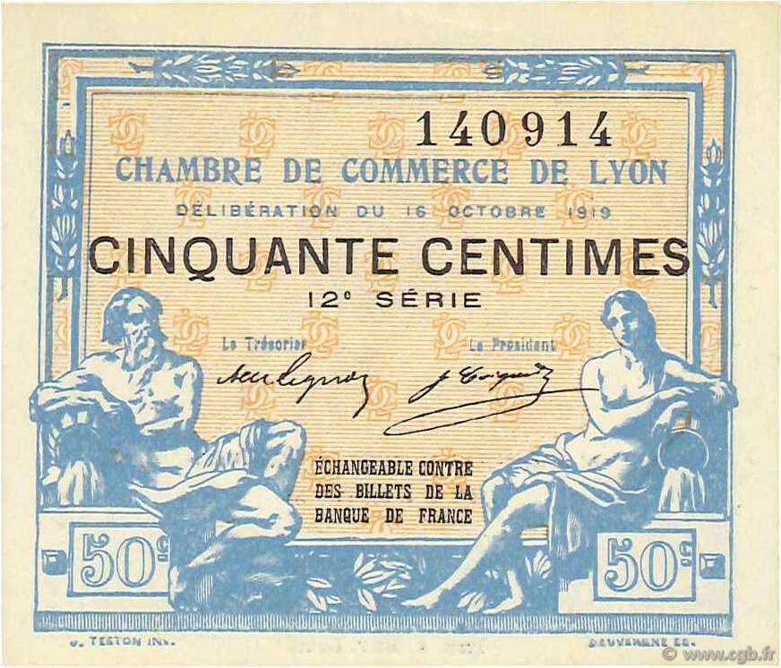 50 Centimes FRANCE regionalismo y varios Lyon 1919 JP.077.18 FDC