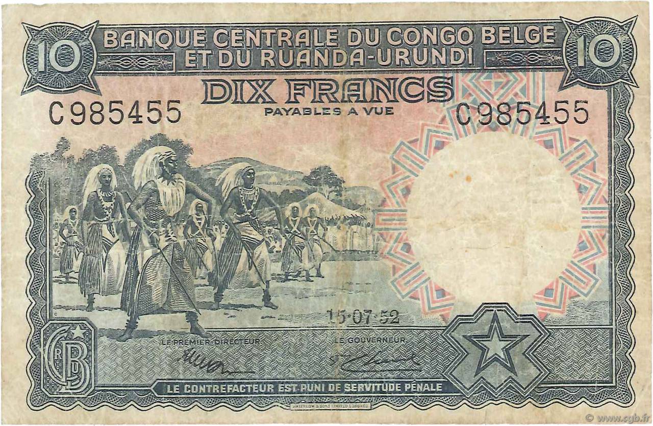 10 Francs CONGO BELGA  1952 P.22 MB