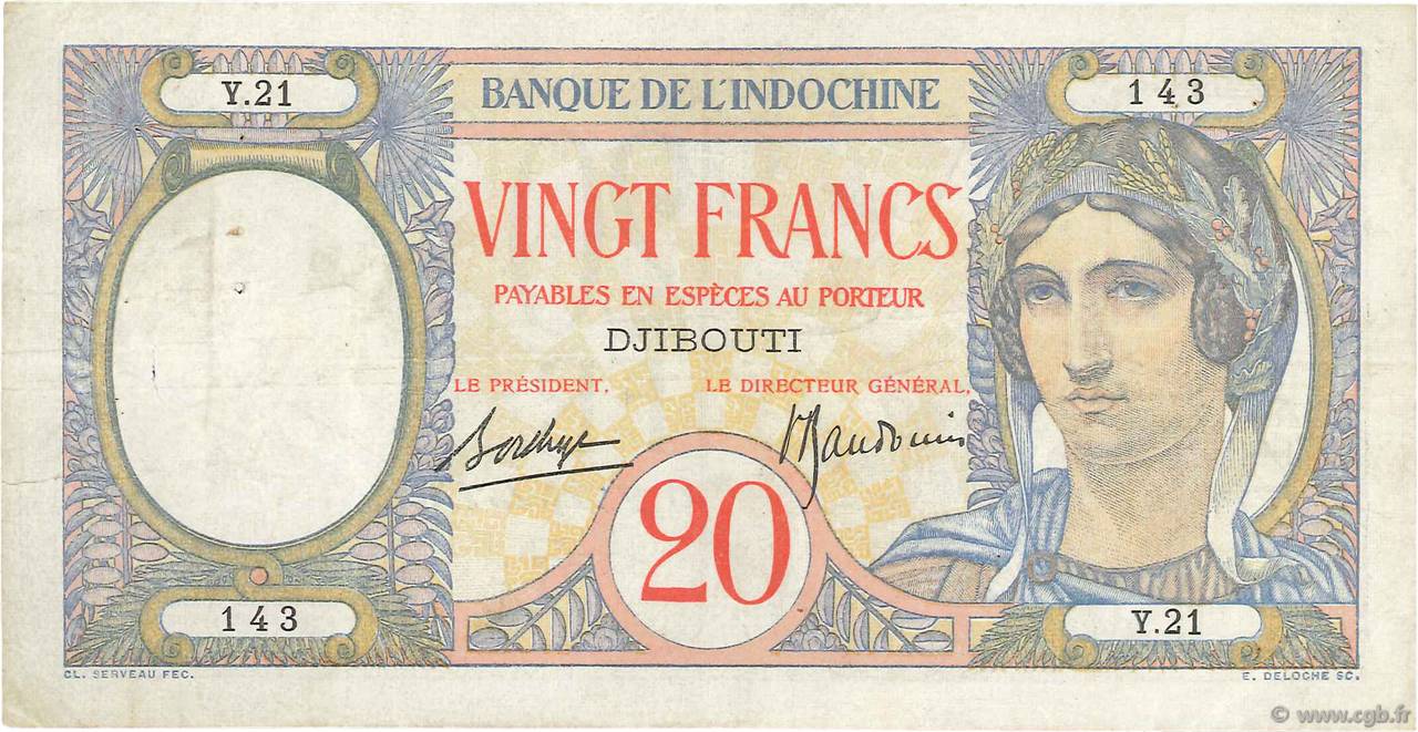 20 Francs DJIBOUTI  1936 P.07A F+