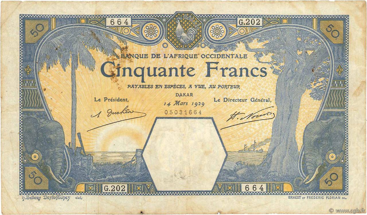 50 Francs DAKAR FRENCH WEST AFRICA Dakar 1929 P.09Bc F