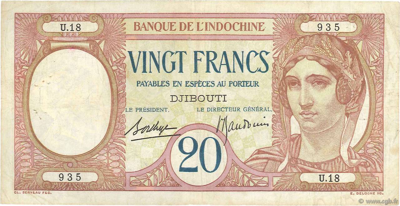 20 Francs YIBUTI  1936 P.07 BC+