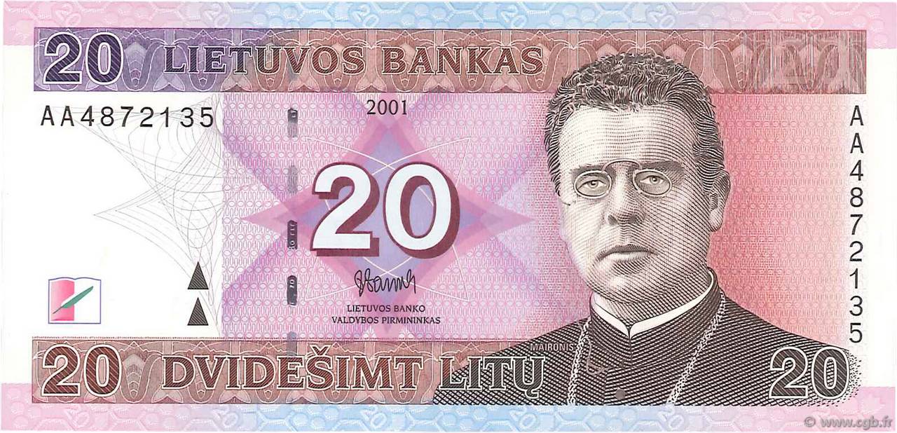 20 Litu LITHUANIA  2001 P.66 UNC
