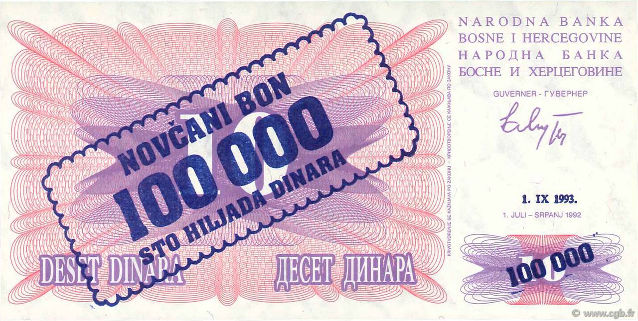 100000 Dinara BOSNIE HERZÉGOVINE  1993 P.034a NEUF