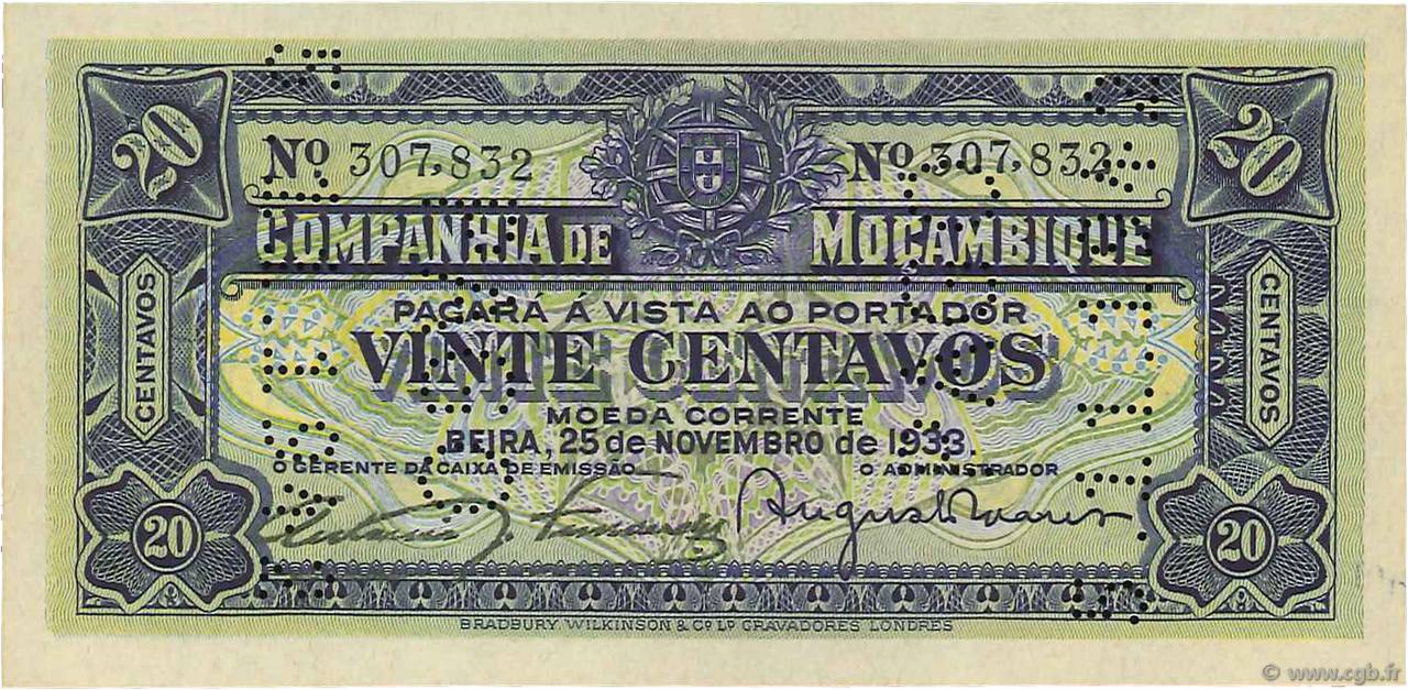20 Centavos MOZAMBIK Beira 1933 P.R29 fST