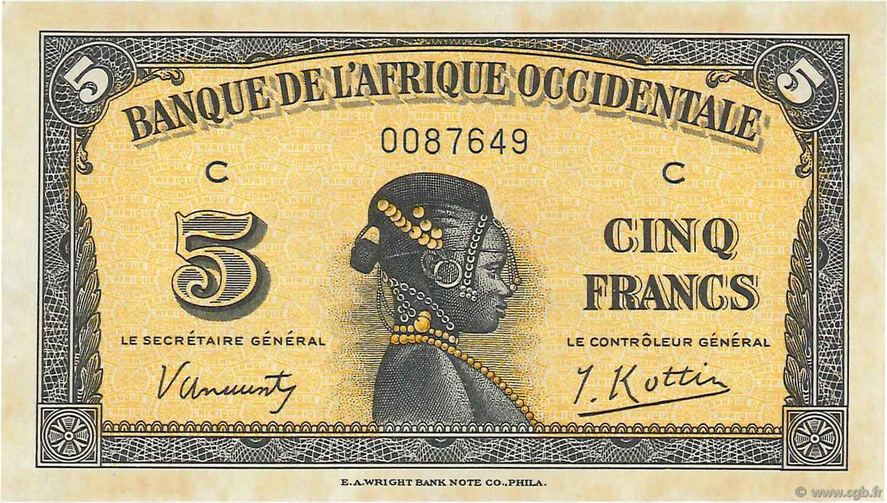 5 Francs FRENCH WEST AFRICA  1942 P.28a fST