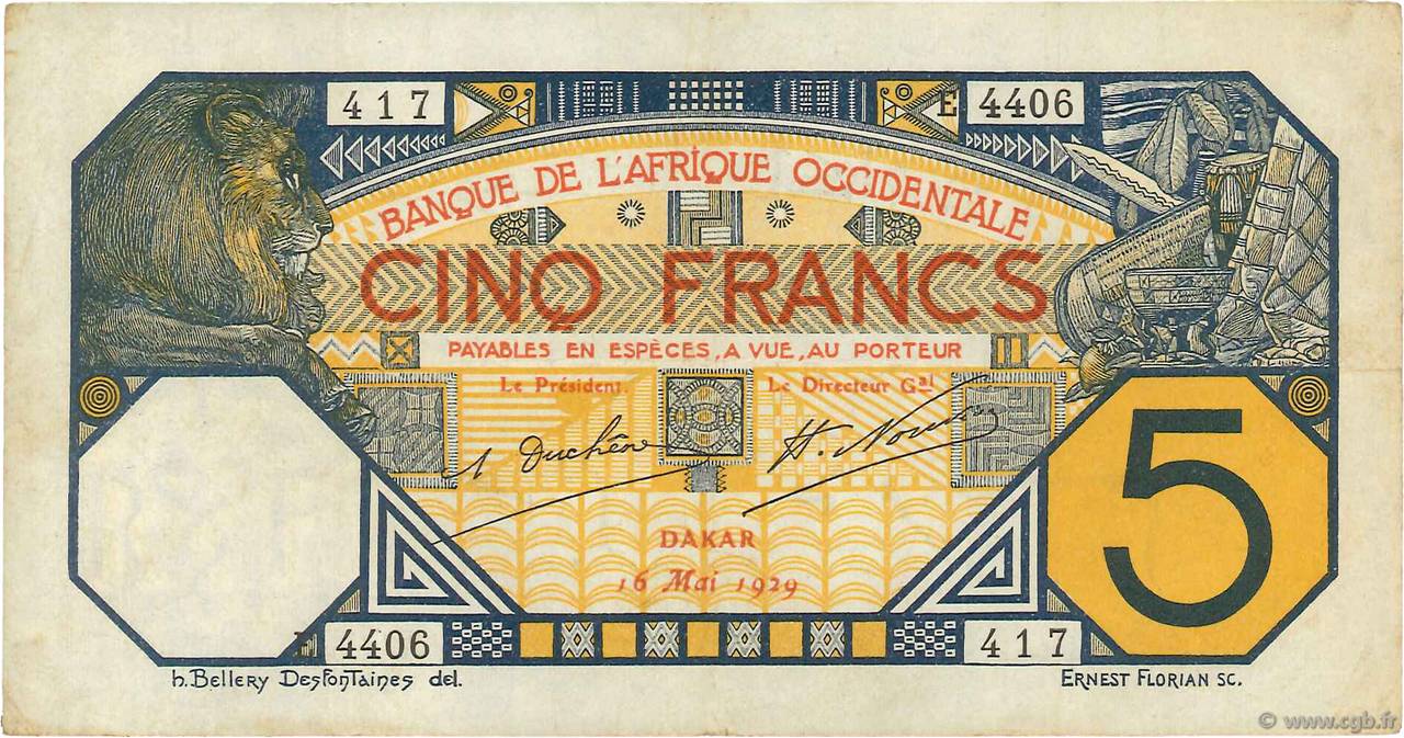 5 Francs DAKAR FRENCH WEST AFRICA Dakar 1929 P.05Be SS