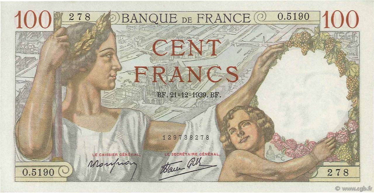 100 Francs SULLY FRANCIA  1939 F.26.18 q.FDC