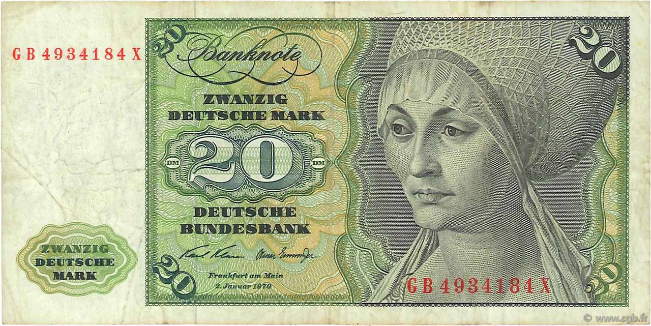 20 Deutsche Mark GERMAN FEDERAL REPUBLIC  1970 P.32a BC+