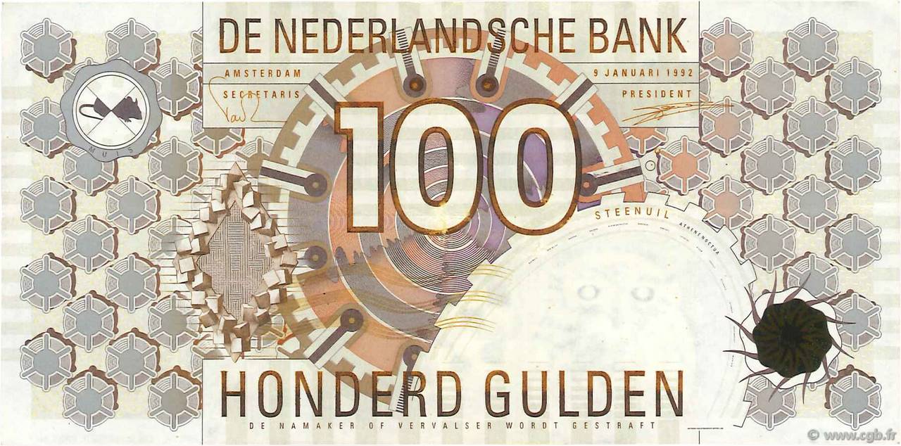 100 Gulden NETHERLANDS  1992 P.101 VF+