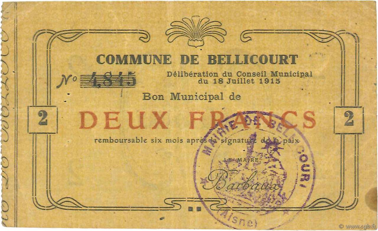 2 Francs FRANCE regionalismo y varios  1915 JP.02-0198 BC+