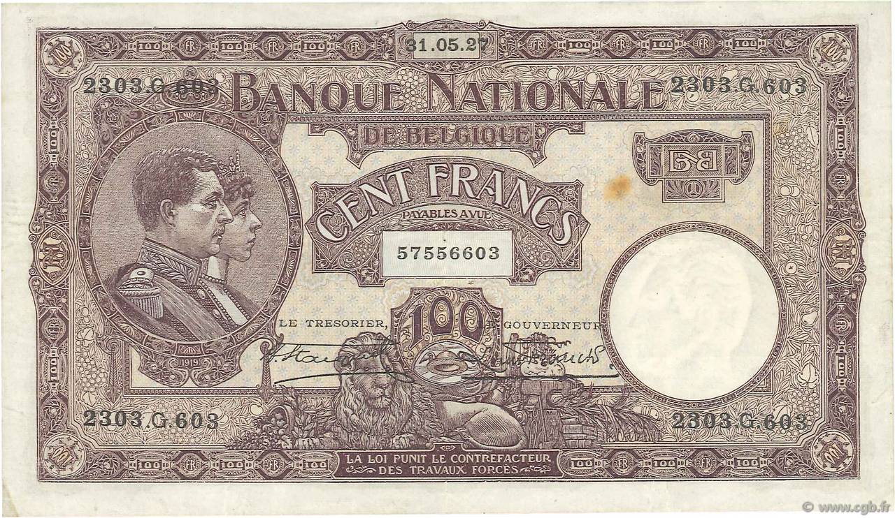 100 Francs BELGIUM  1927 P.095 VF+
