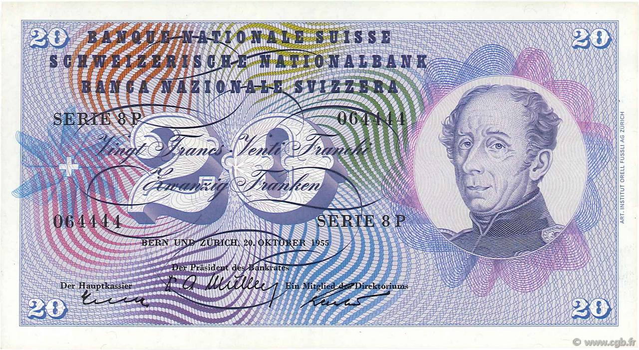 20 Francs SWITZERLAND  1955 P.46c XF+