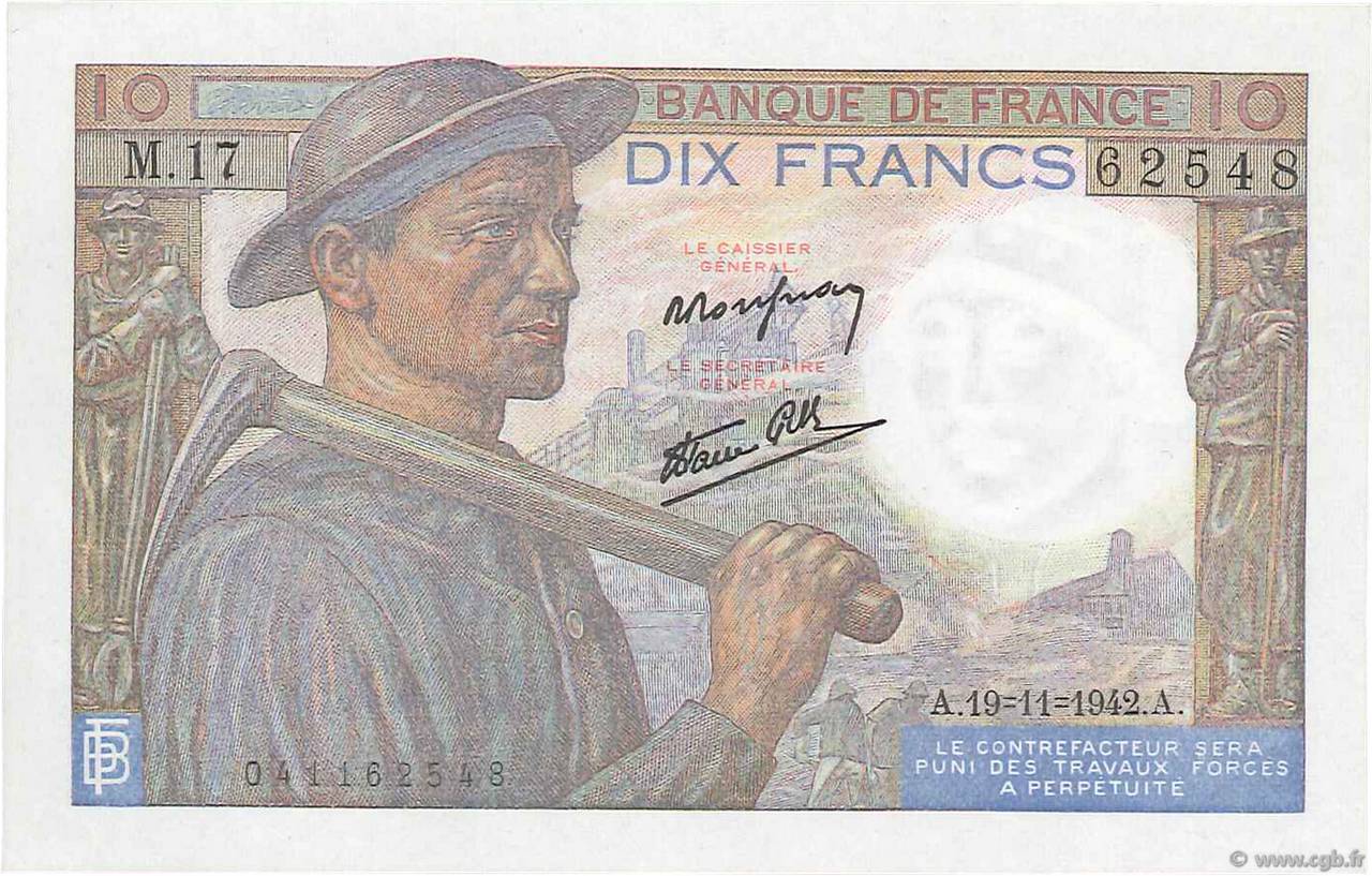 10 Francs MINEUR FRANCIA  1942 F.08.05 q.FDC