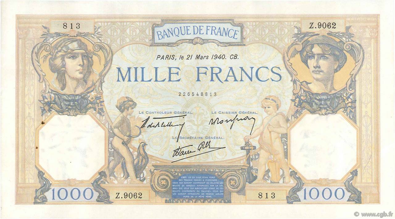 1000 Francs CÉRÈS ET MERCURE type modifié FRANCE  1940 F.38.44 SUP+