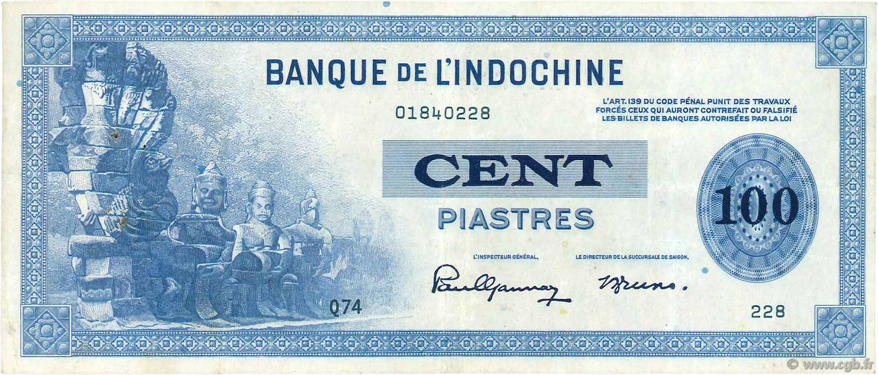 100 Piastres INDOCINA FRANCESE  1945 P.078a BB