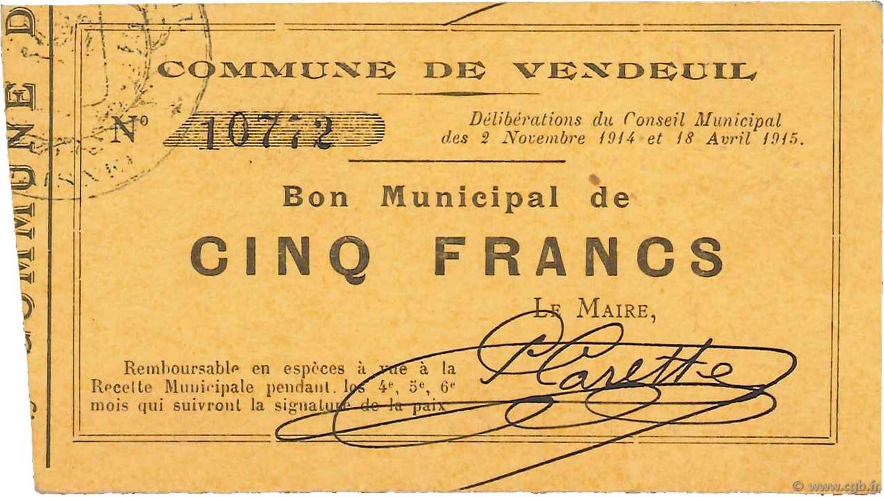 5 Francs FRANCE regionalism and miscellaneous  1915 JP.02-2368 VF+