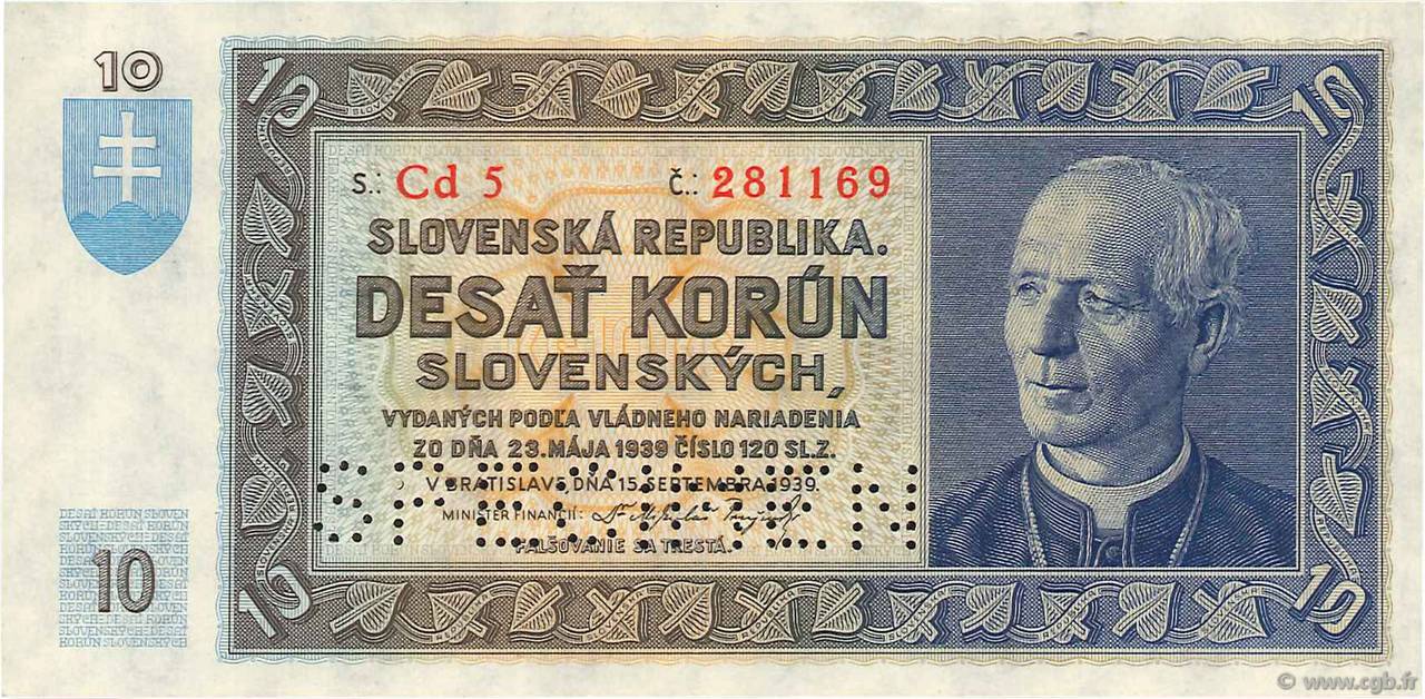 10 Korun Spécimen SLOVAKIA  1939 P.04s UNC-