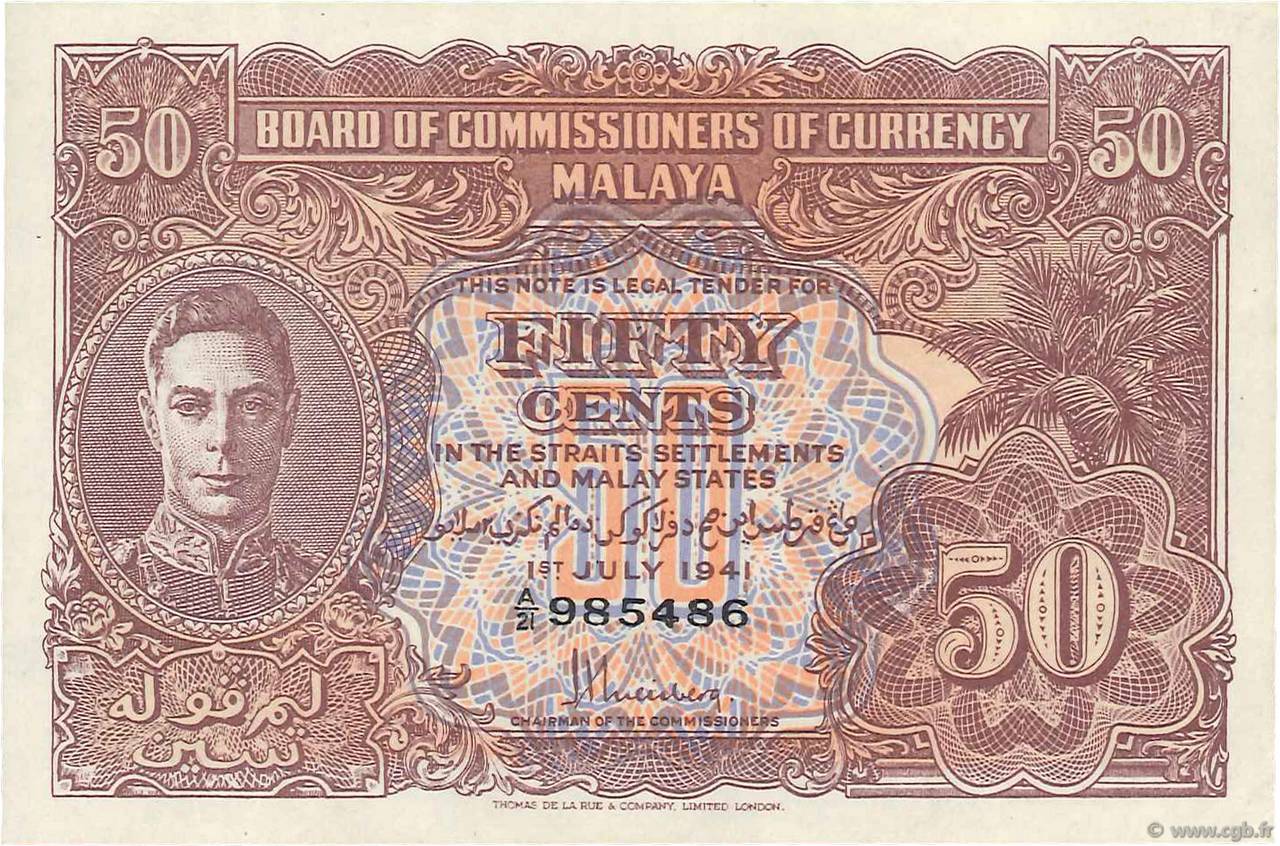 50 Cents MALAYA  1941 P.10b AU