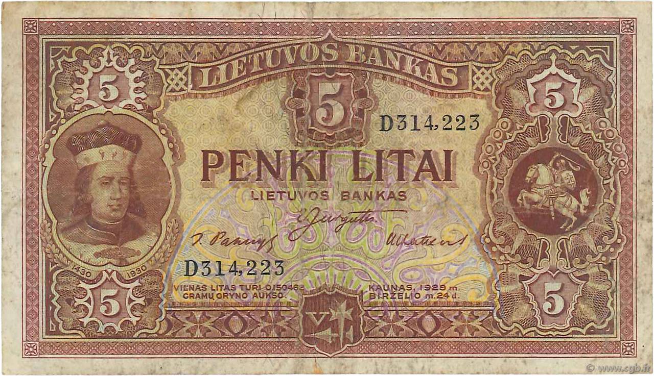 5 Litai LITUANIA  1929 P.26a MB
