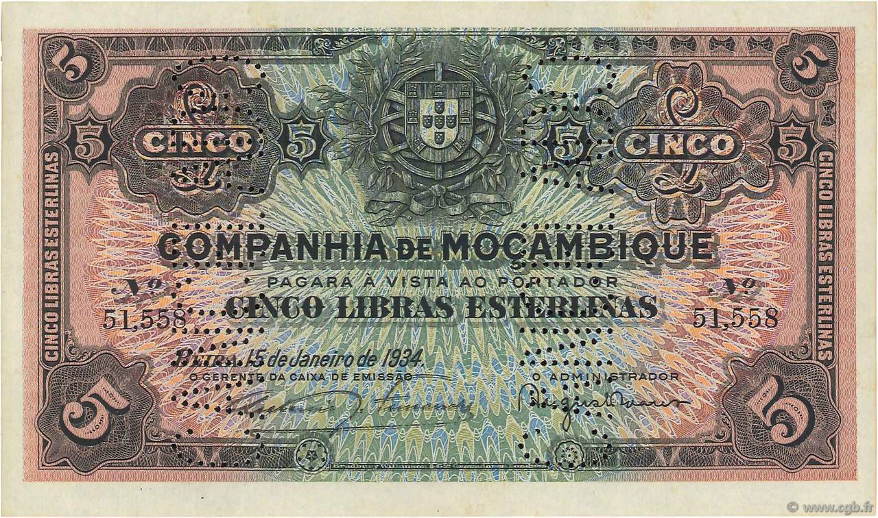 5 Libras Annulé MOZAMBIK Beira 1934 P.R32 fST