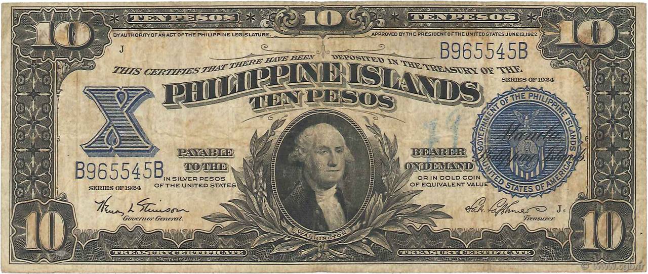 10 Pesos PHILIPPINES  1924 P.071 F+