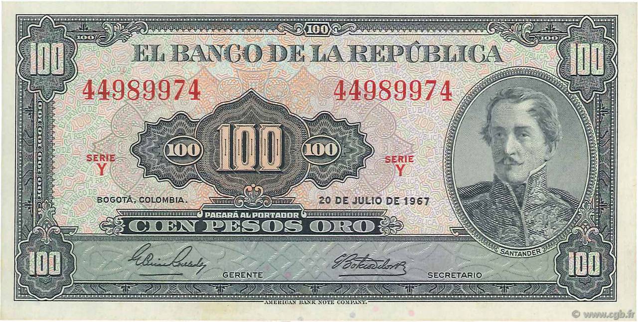 100 Pesos Oro COLOMBIA  1967 P.403c AU