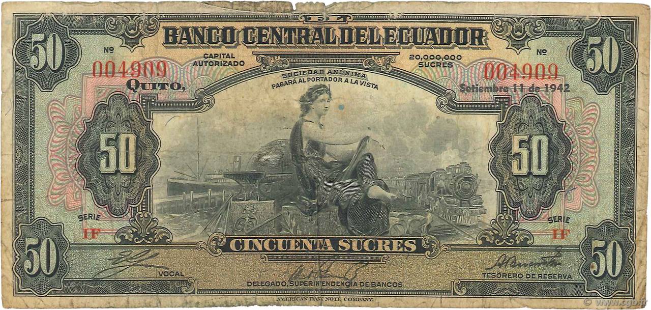 50 Sucres ECUADOR  1942 P.094a q.MB