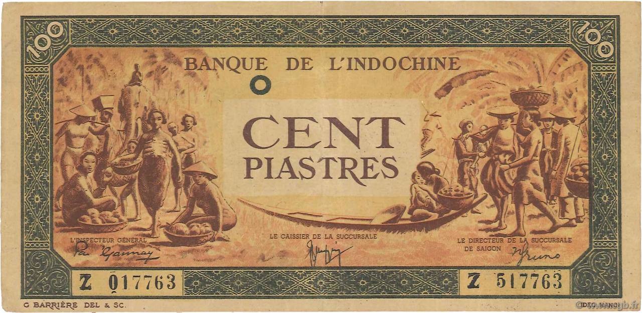 100 Piastres orange, cadre noir INDOCINA FRANCESE  1942 P.073 BB