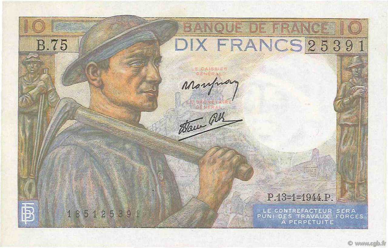 10 Francs MINEUR FRANCE  1944 F.08.10 AU+