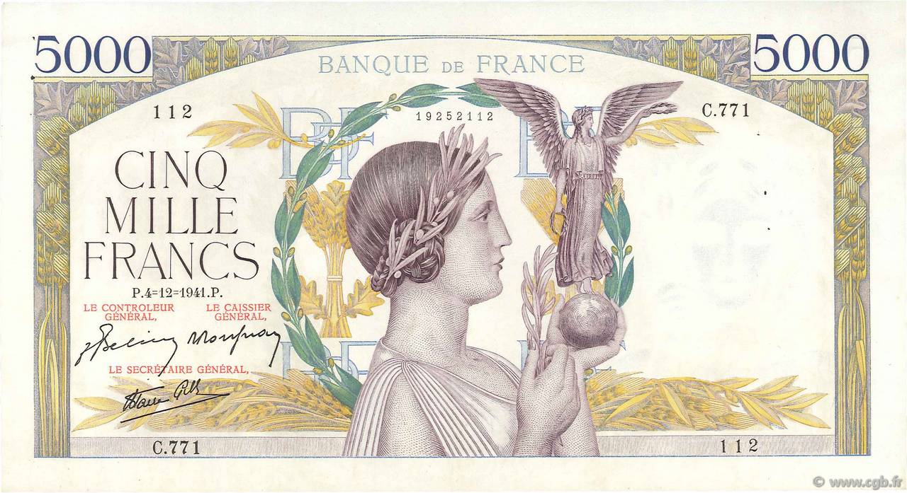 5000 Francs VICTOIRE Impression à plat FRANKREICH  1941 F.46.30 VZ