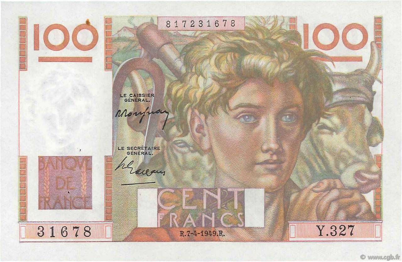 100 Francs JEUNE PAYSAN FRANCE  1949 F.28.23 XF+