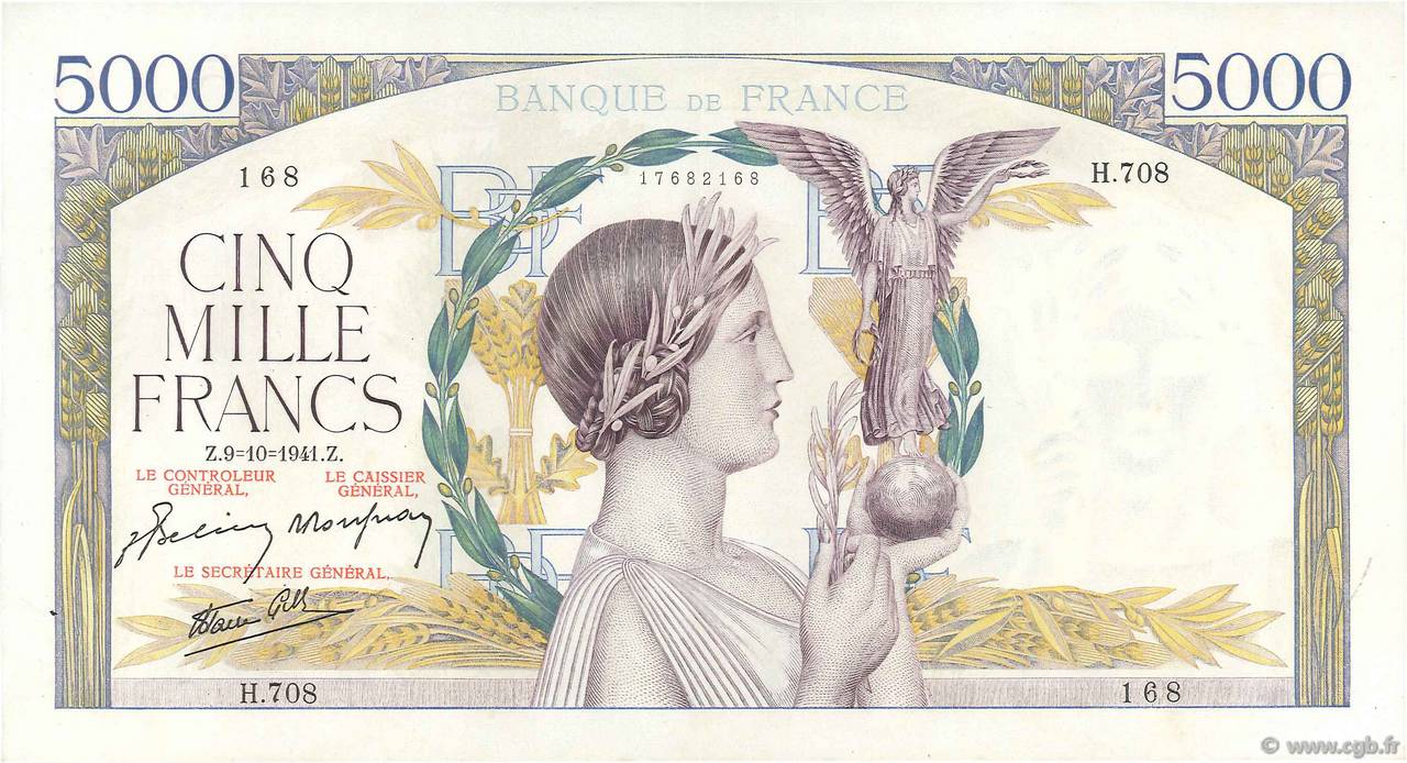 5000 Francs VICTOIRE Impression à plat FRANCIA  1941 F.46.27 EBC+ a SC