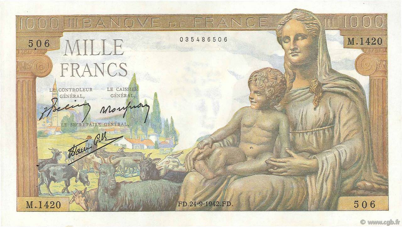 1000 Francs DÉESSE DÉMÉTER FRANCE  1942 F.40.07 XF+