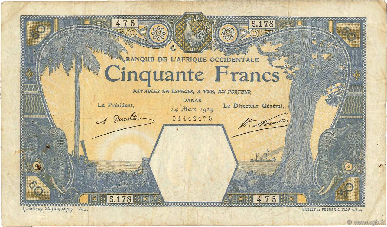 50 Francs DAKAR FRENCH WEST AFRICA Dakar 1929 P.09Bc BC