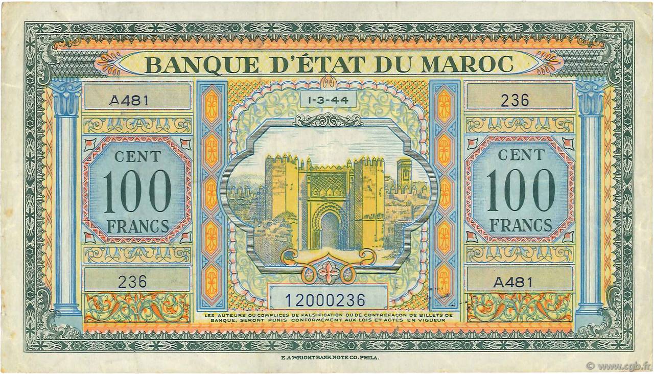 100 Francs MAROKKO  1944 P.27a SS