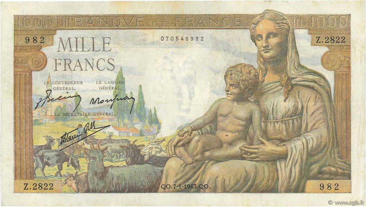 1000 Francs DÉESSE DÉMÉTER FRANCE  1943 F.40.15 VF+