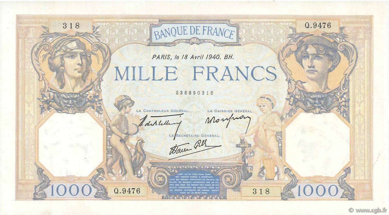 1000 Francs CÉRÈS ET MERCURE type modifié FRANCE  1940 F.38.46 AU