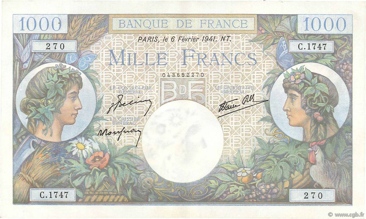 1000 Francs COMMERCE ET INDUSTRIE FRANCIA  1941 F.39.04 EBC+