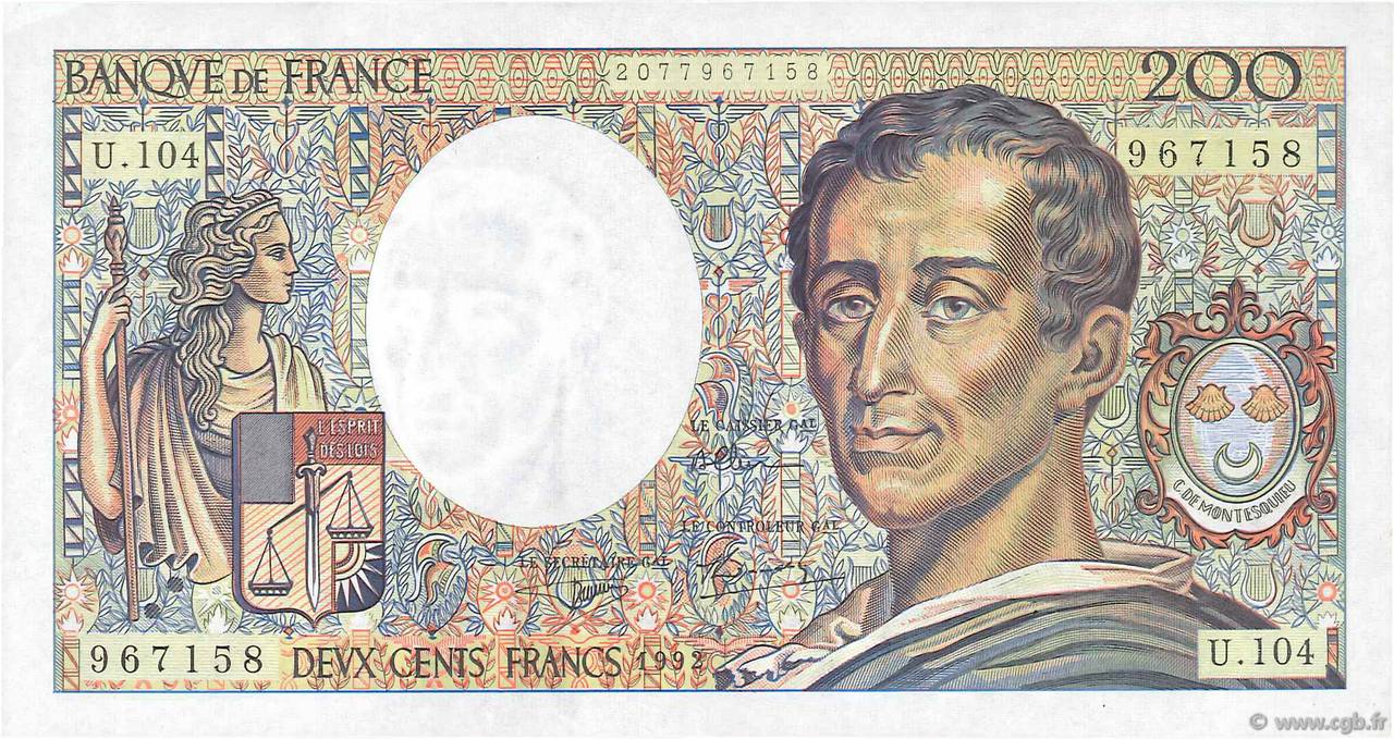 200 Francs MONTESQUIEU FRANCIA  1992 F.70.12a AU
