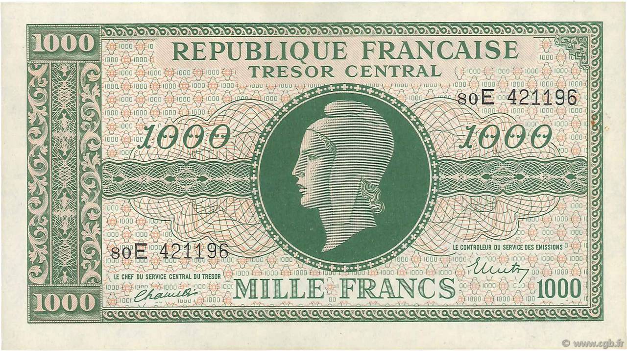 1000 Francs MARIANNE THOMAS DE LA RUE FRANCIA  1945 VF.13.02 AU