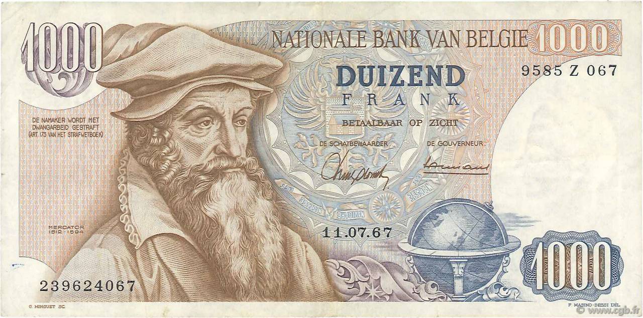 1000 Francs BELGIUM  1967 P.136a VF