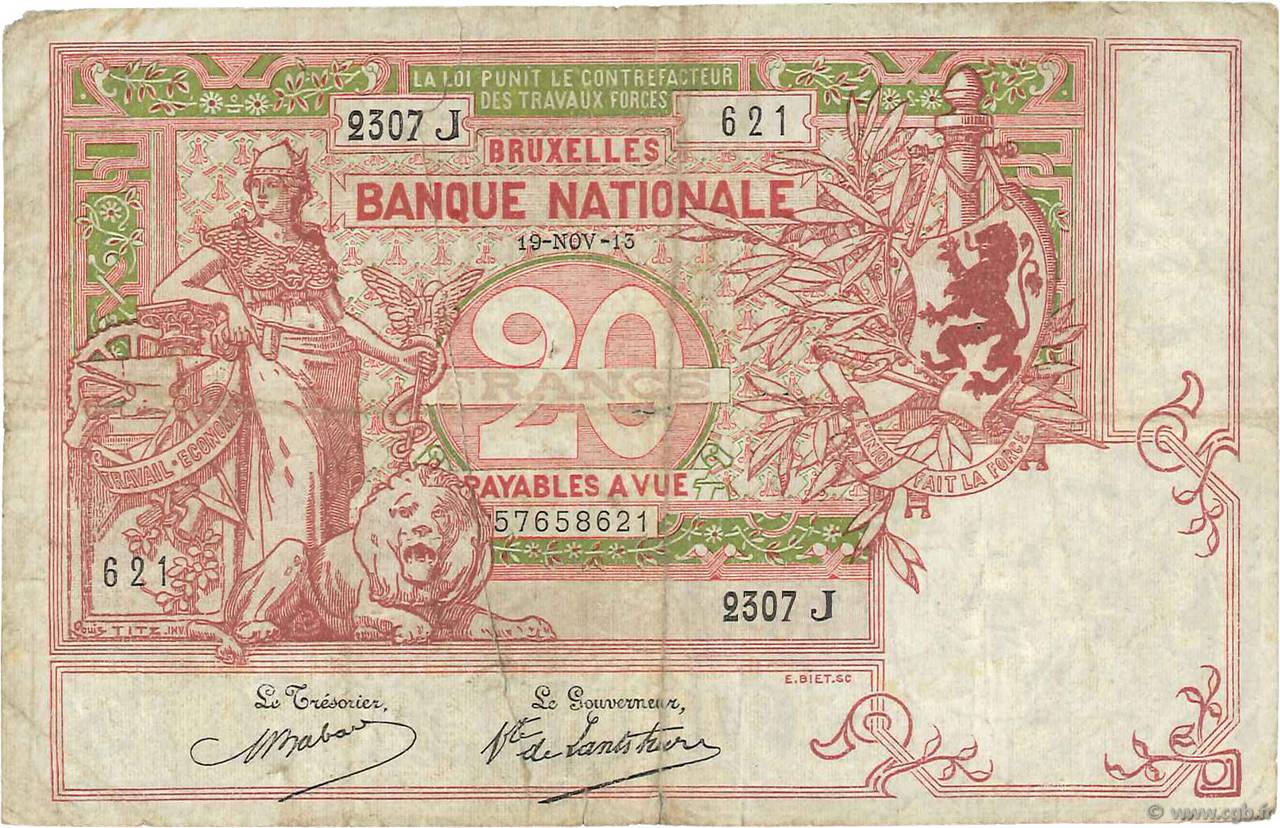 20 Francs BELGIEN  1913 P.067 fS