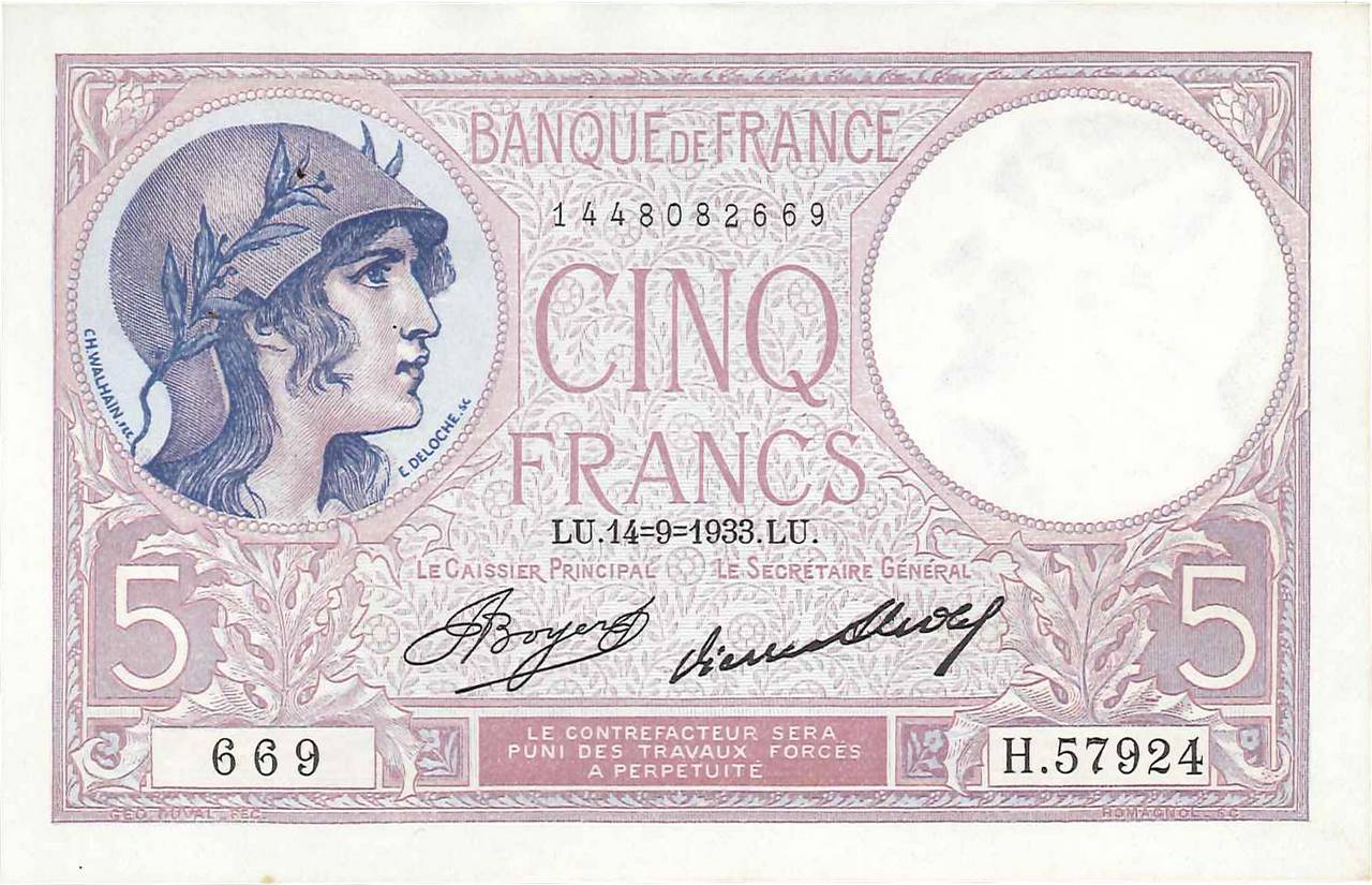 5 Francs FEMME CASQUÉE FRANCIA  1933 F.03.17 AU