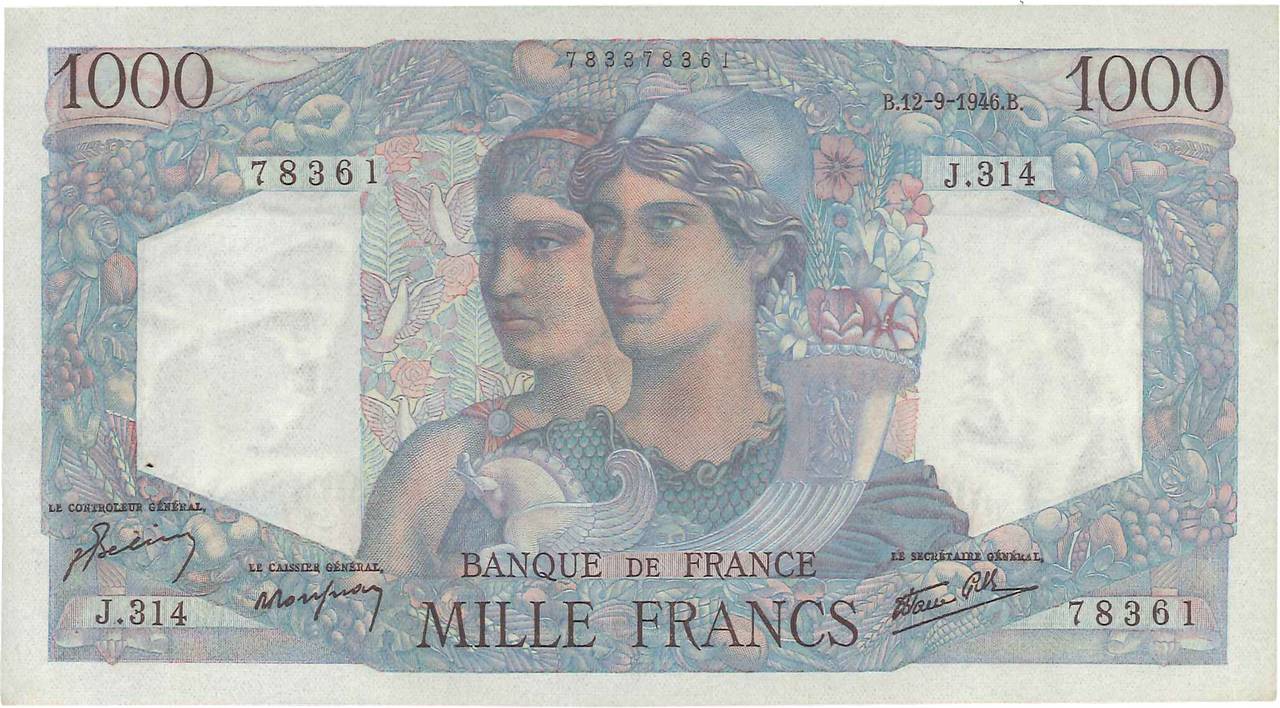 1000 Francs MINERVE ET HERCULE FRANKREICH  1946 F.41.16 VZ